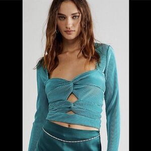 Free People Leah Twist Tube Top Teal Green Peep Hole Long Sleeve Crop Top Medium
